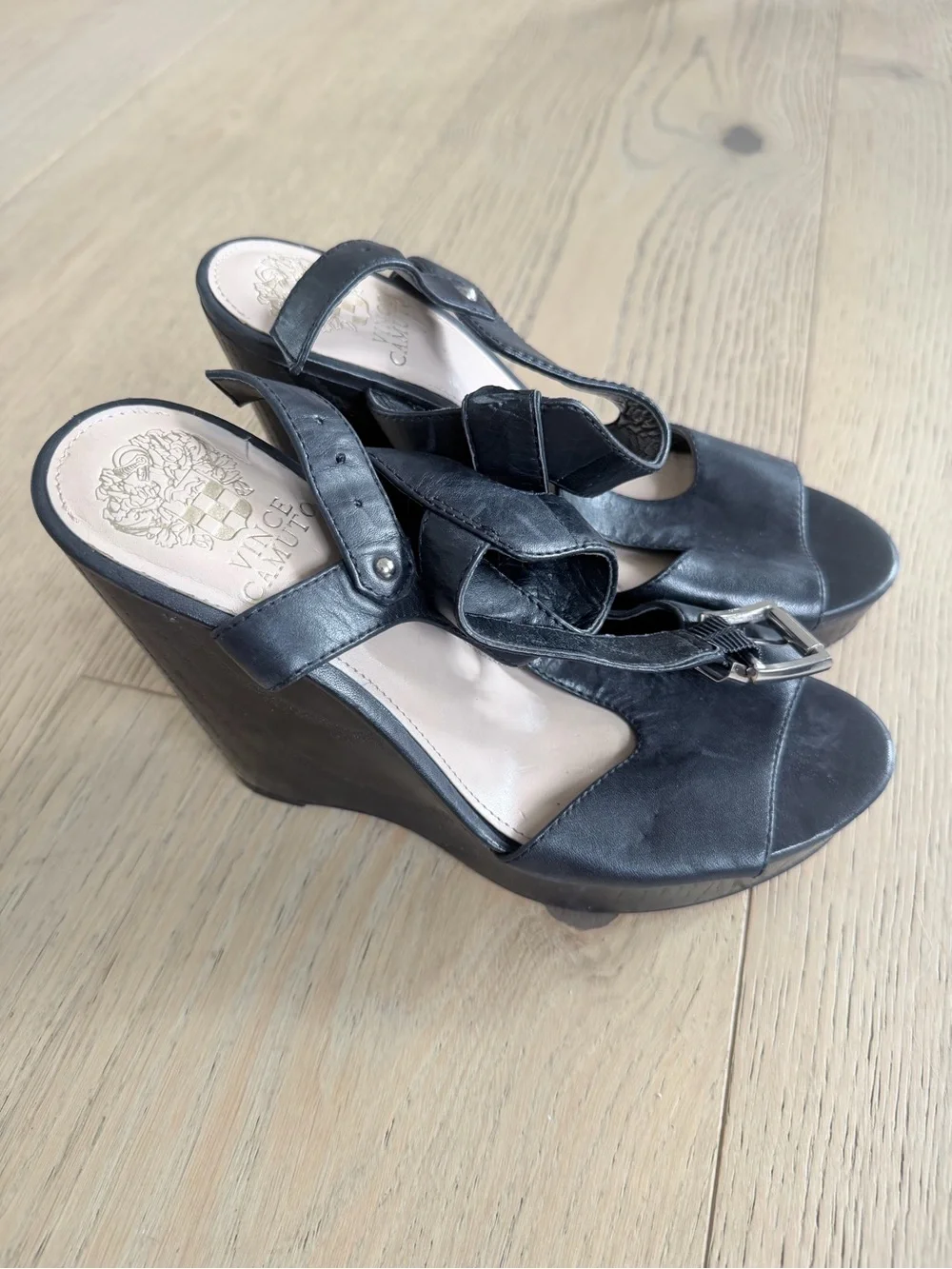 Vince Camuto Black Leather Strappy Open-Toe Heels